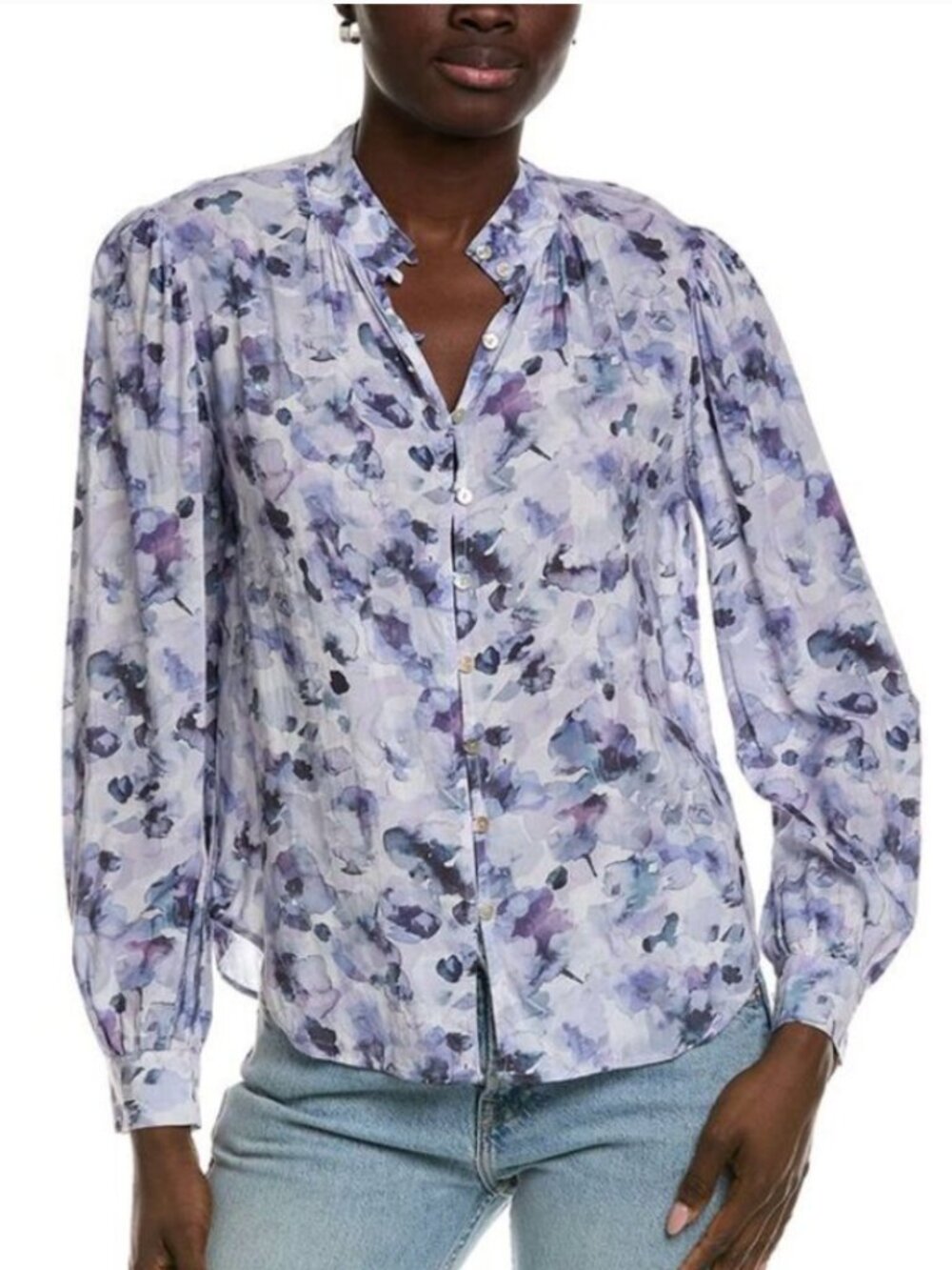 Bella Dahl | Shirred Button Front Blouse Abstract Floral Purple & White | Medium